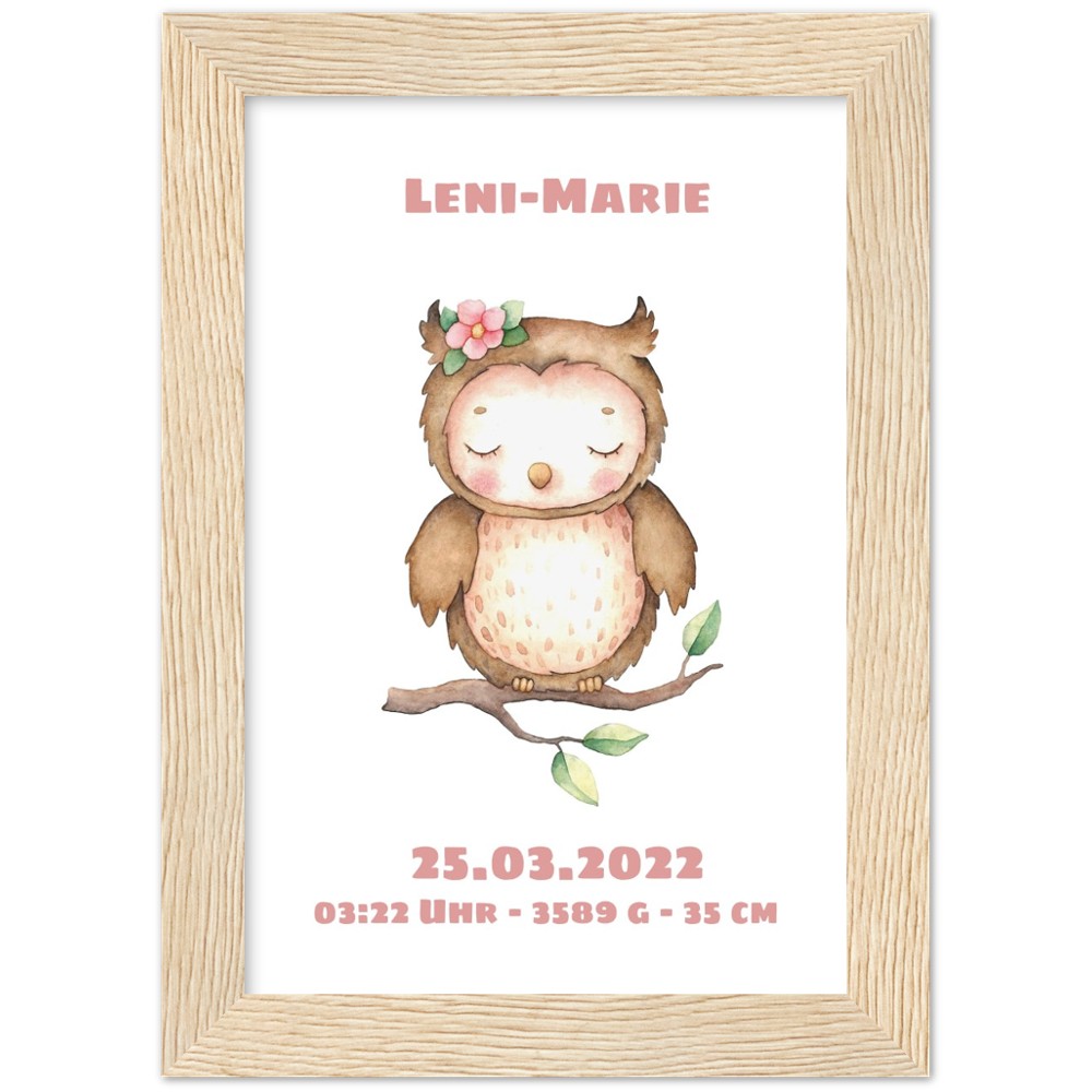 Süße kleine Eule - Geschenk zur Geburt - Individualisiert -mit Rahmen