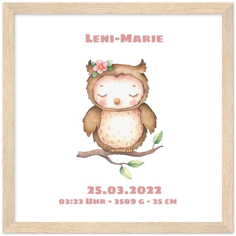 Süße kleine Eule - Geschenk zur Geburt - Individualisiert -mit Rahmen