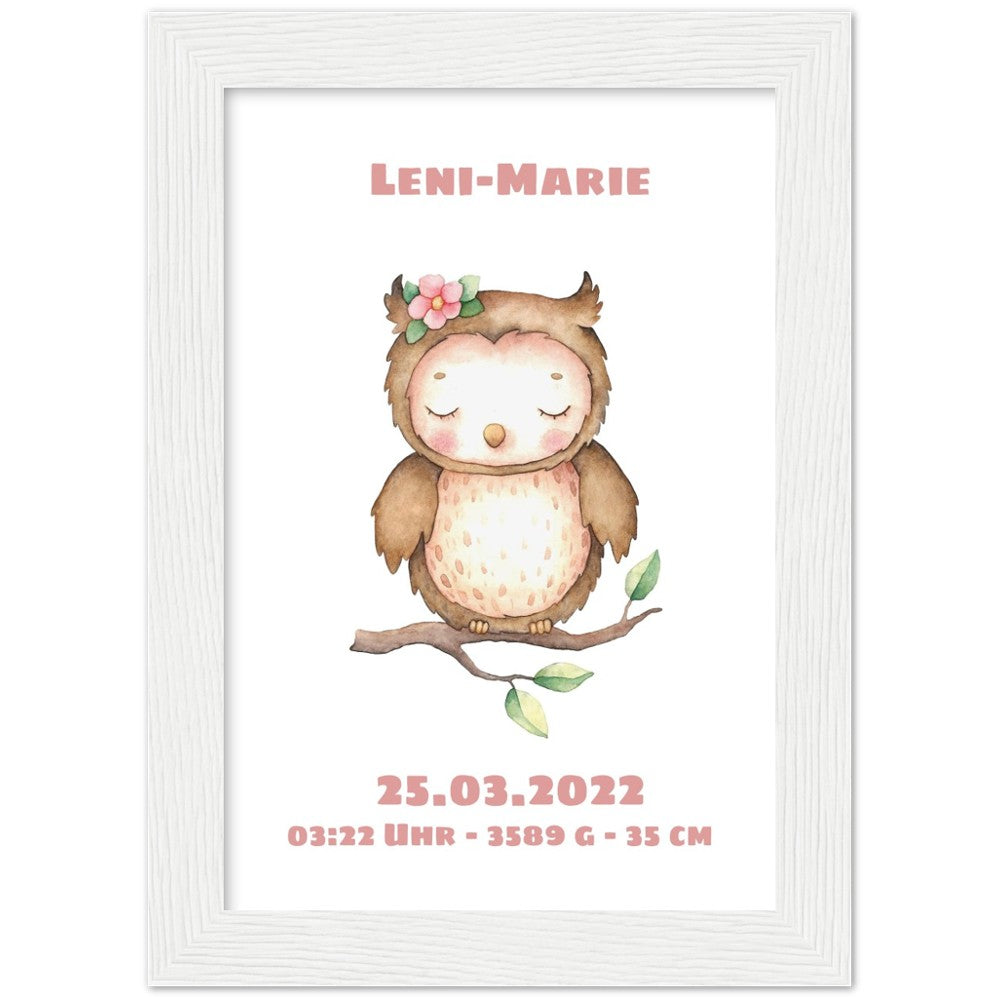 Süße kleine Eule - Geschenk zur Geburt - Individualisiert -mit Rahmen
