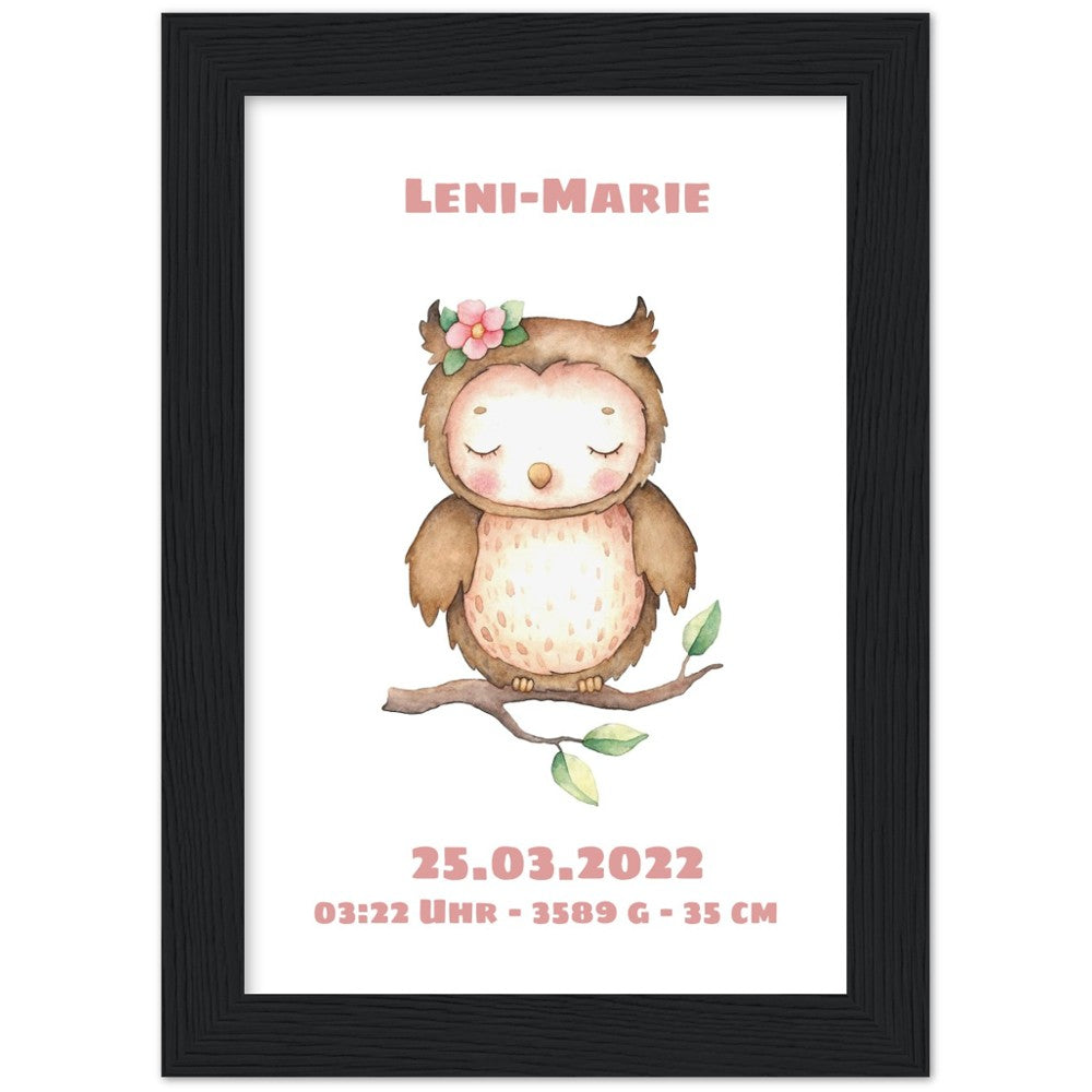 Süße kleine Eule - Geschenk zur Geburt - Individualisiert -mit Rahmen