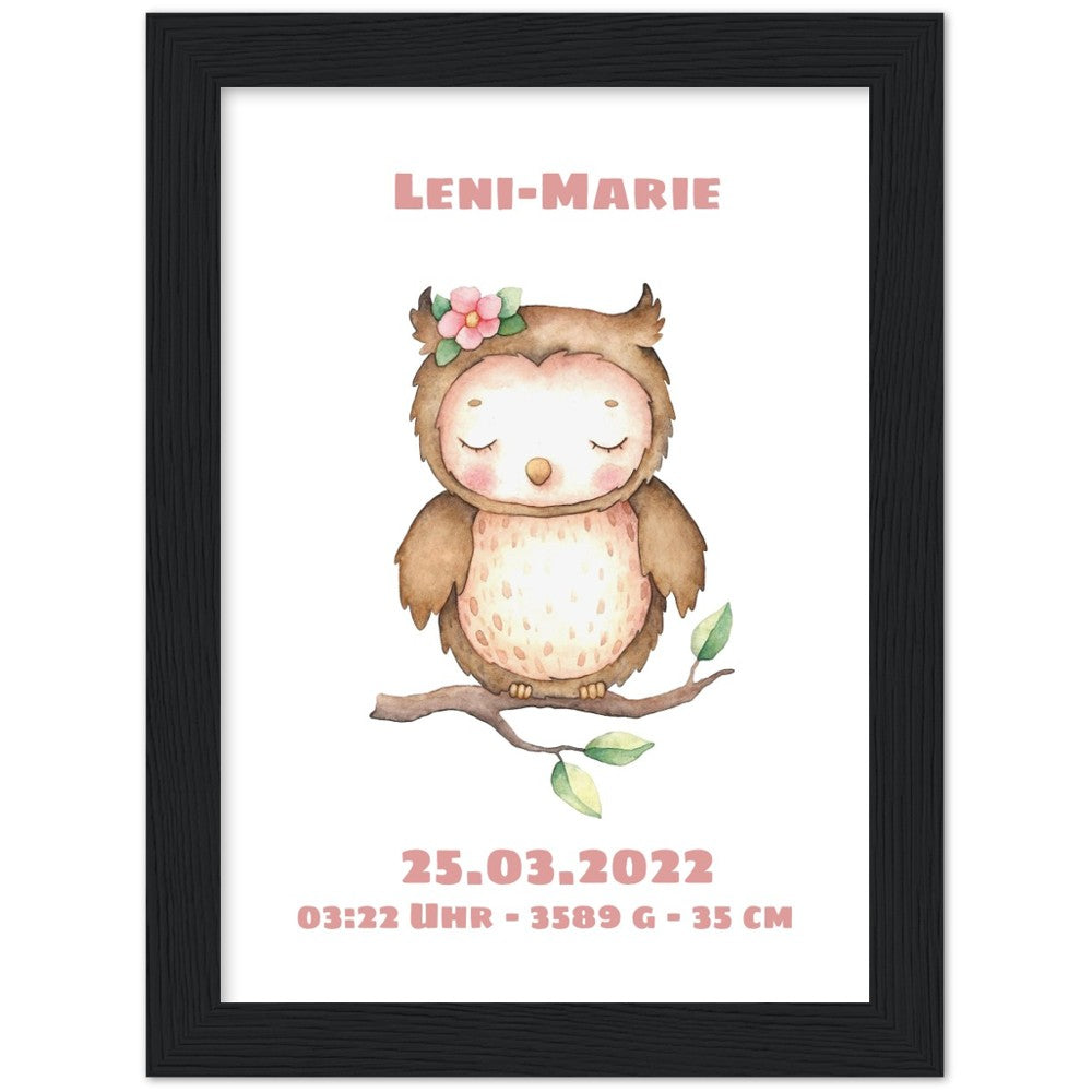 Süße kleine Eule - Geschenk zur Geburt - Individualisiert -mit Rahmen