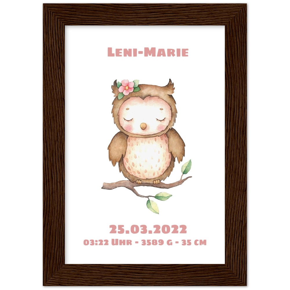 Süße kleine Eule - Geschenk zur Geburt - Individualisiert -mit Rahmen