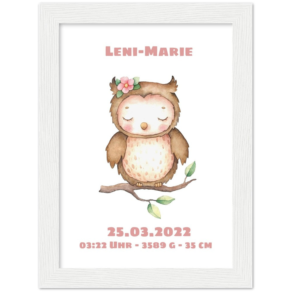 Süße kleine Eule - Geschenk zur Geburt - Individualisiert -mit Rahmen